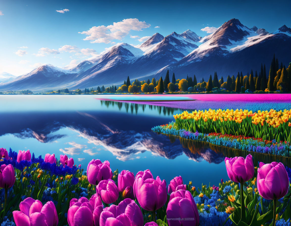 Tranquil landscape with vibrant tulips, blue lake, and snow-capped mountains