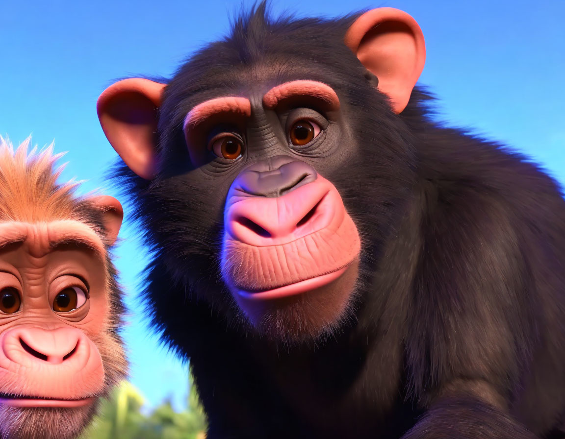 Detailed animated chimpanzees with expressive eyes and fur against blue sky.