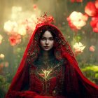 Animated character in crown and red cloak in vibrant garden with sunlight.