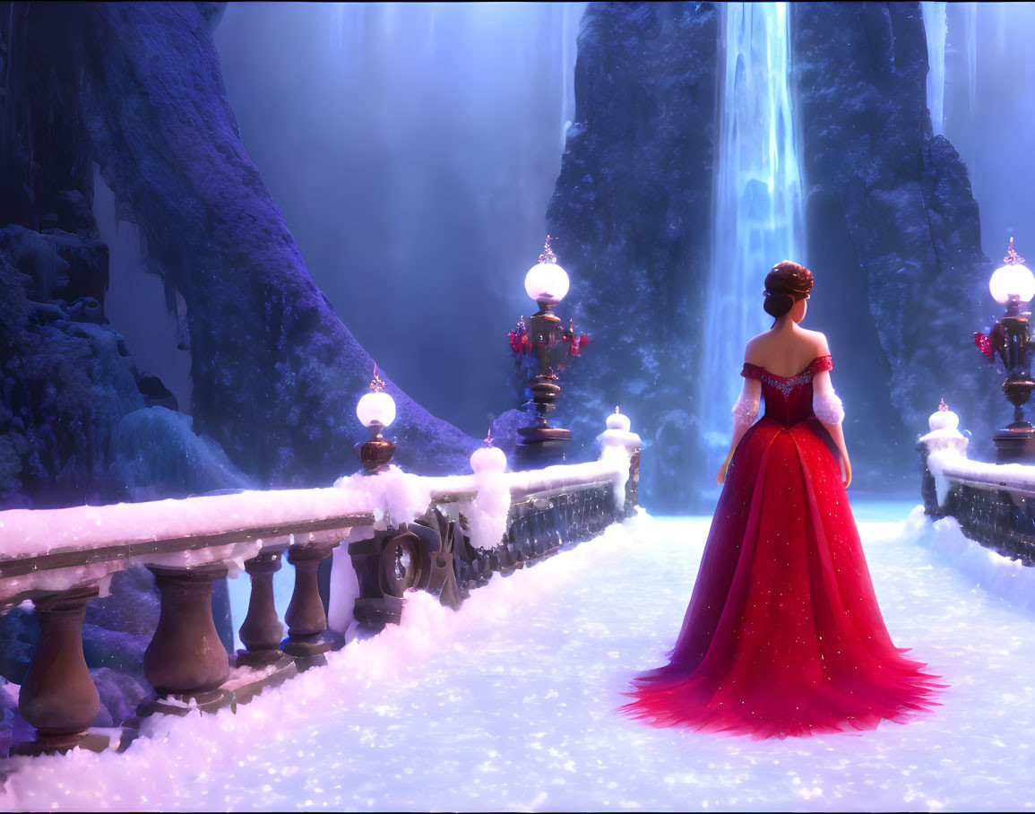 Person in Red Dress on Snowy Bridge with Glowing Blue Waterfall