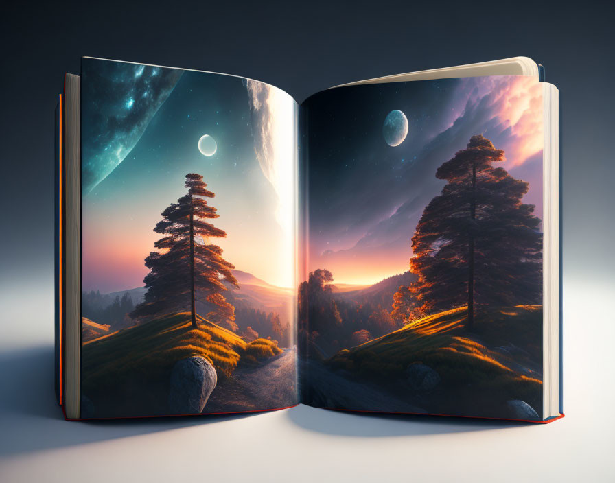 Vivid landscape on open book: trees, sunset sky, starry night