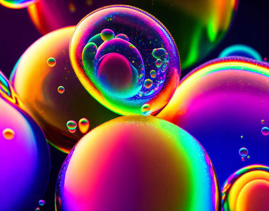 Iridescent bubbles overlap on dark background in vibrant macro image