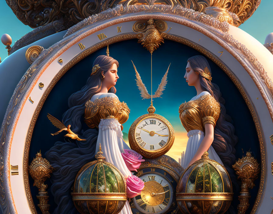 Two women in ornate dresses in front of giant clock with golden embellishments.