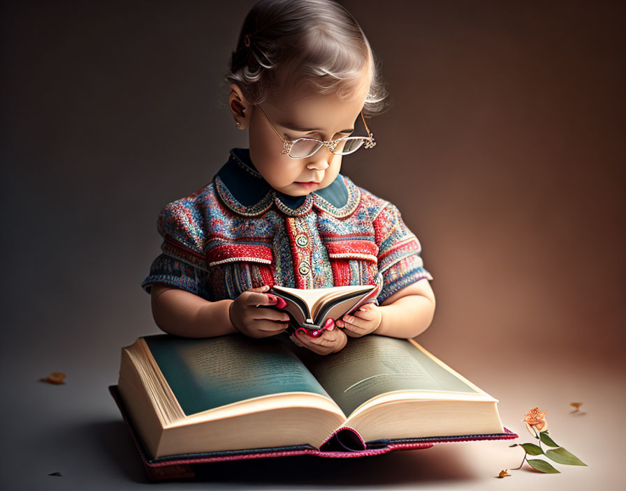 Young child in glasses reading small book on large open one amidst rose petals in soft-lit setting