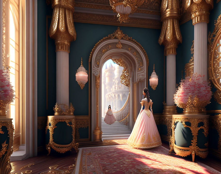 Woman in long gown strolls ornate hallway with gold accents