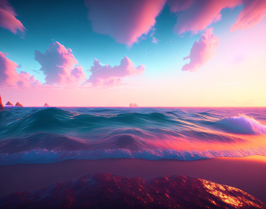 Scenic ocean sunset with pink clouds, blue waves, and distant birds in dynamic sky