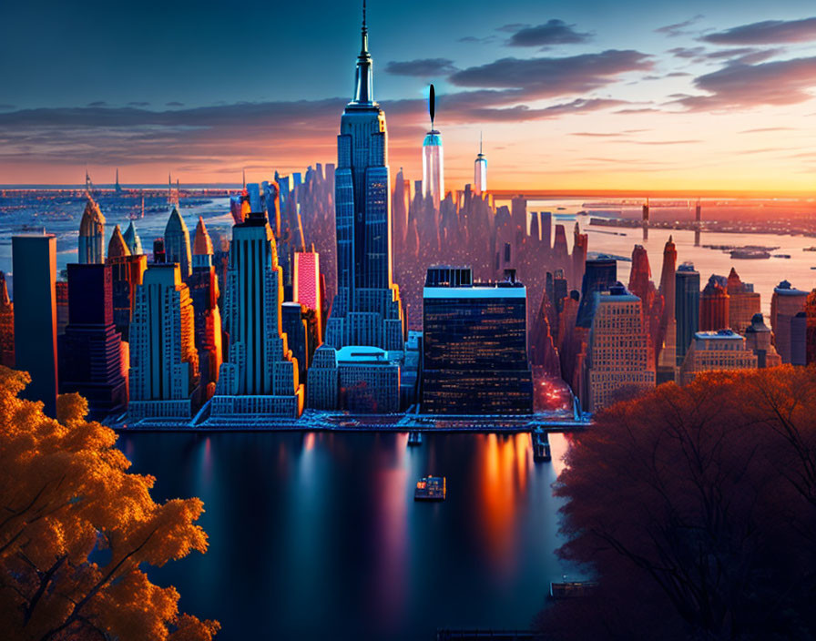 City skyline at sunrise with skyscrapers, river reflection, and autumn trees.