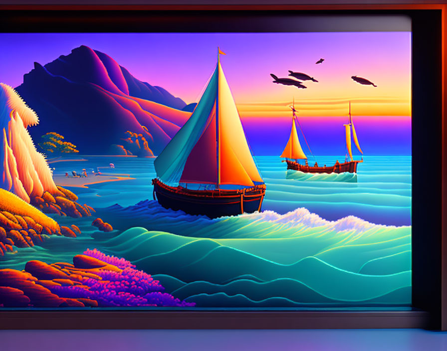 Colorful Sailboats on Wavy Seas with Mountain Backdrop and Purple Sunset Sky