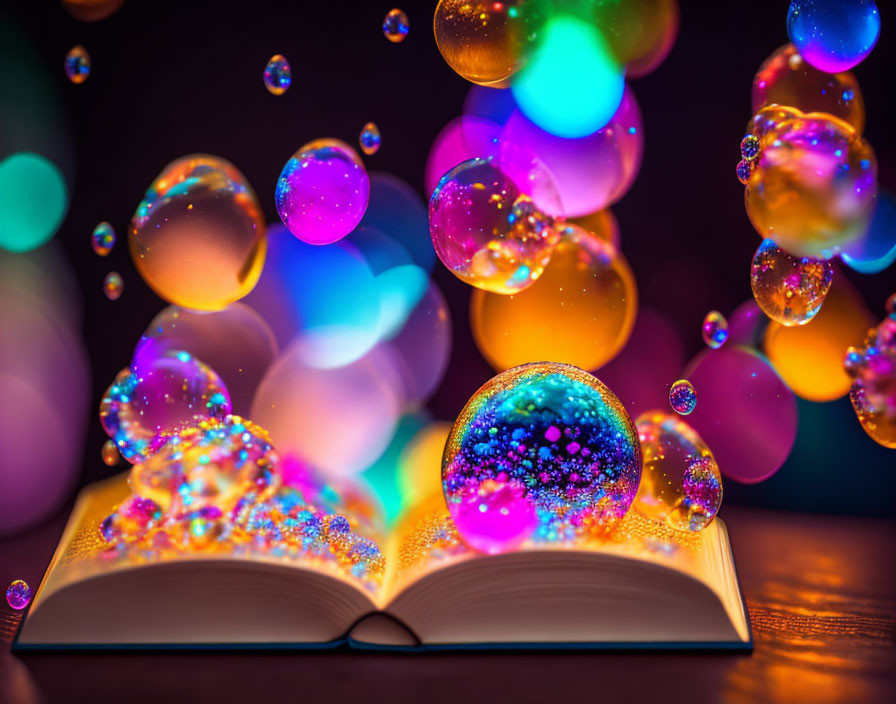 Colorful Bubbles Floating Above Open Book on Bokeh Background