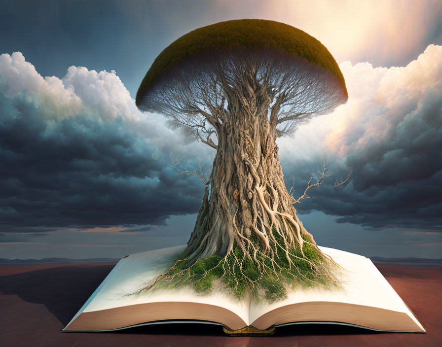 Wide canopy tree growing from open book against dramatic sky