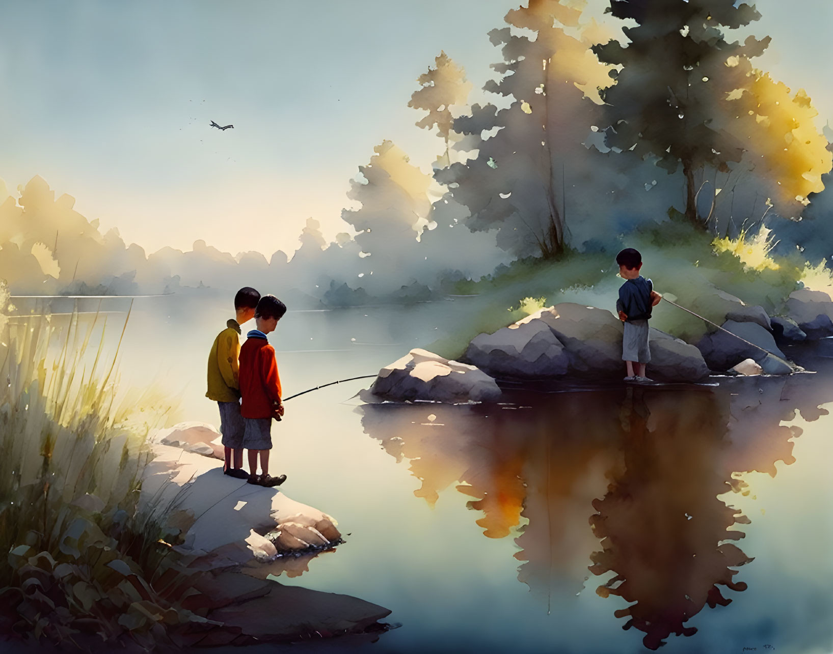 Children by tranquil lake at sunrise, one fishing among rocks, lush trees and misty background.