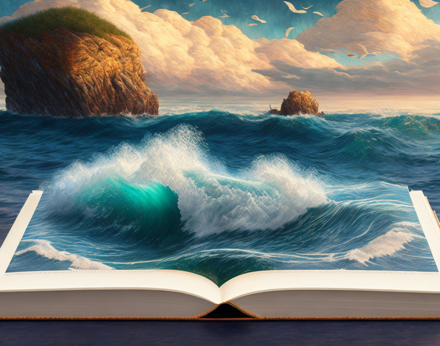 Realistic ocean waves in open book with scenic background