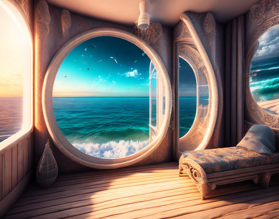 Round porthole window in cozy wooden room overlooking stunning ocean view