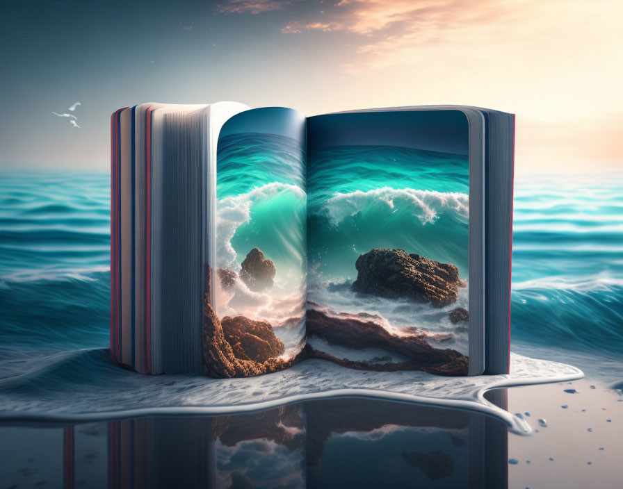 Open book with ocean wave scene blending at twilight