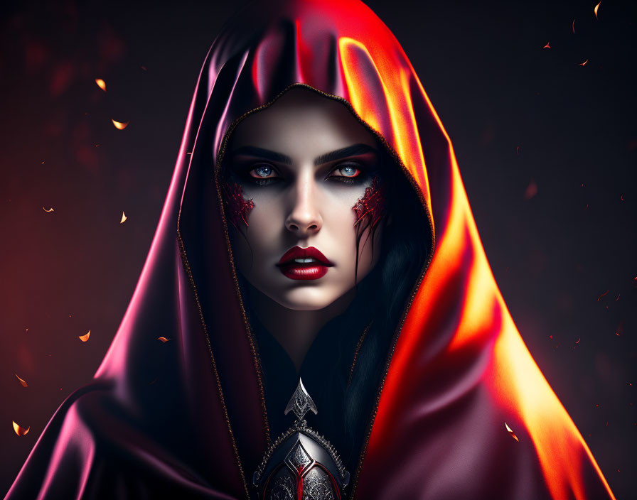 Digital artwork: Woman with blue eyes in red hood with glowing embers