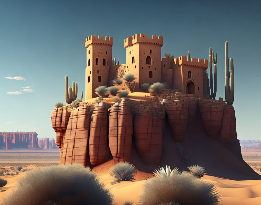 Sandstone Castle in Desert Landscape with Cacti and Towers