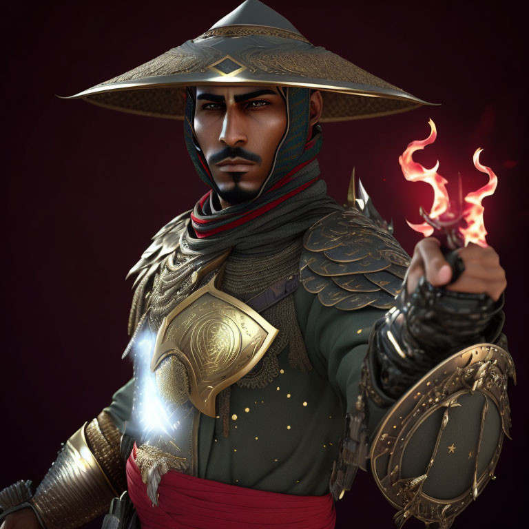 Warrior digital art: stern expression, ornate armor, wide-brimmed hat, holding flame