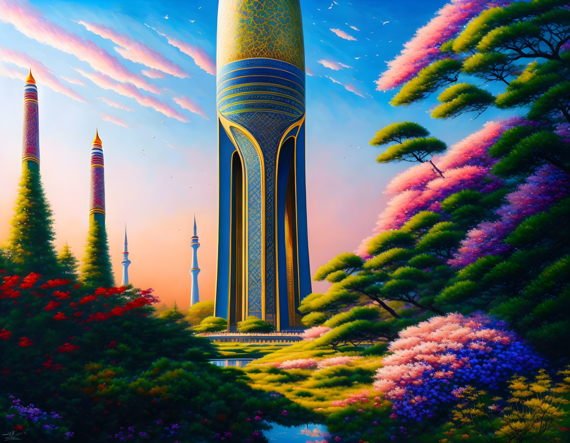 Colorful futuristic cityscape with ornate towers and vibrant flora under streaked sky