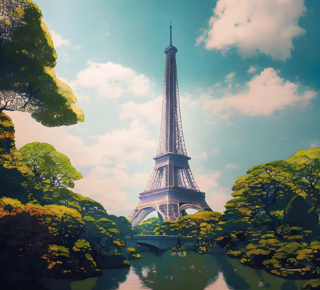 Eiffel Tower illustration with green trees and serene water