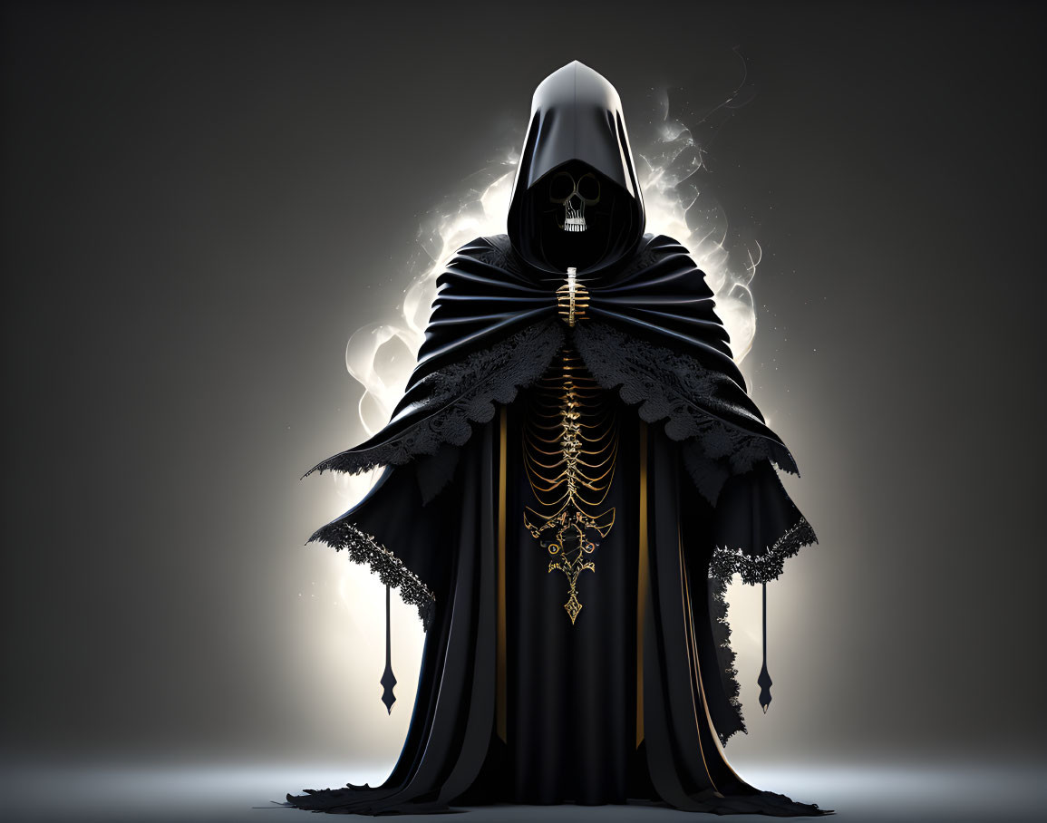 Mysterious Figure in Dark Cloak with Skull Face and Spine Showing