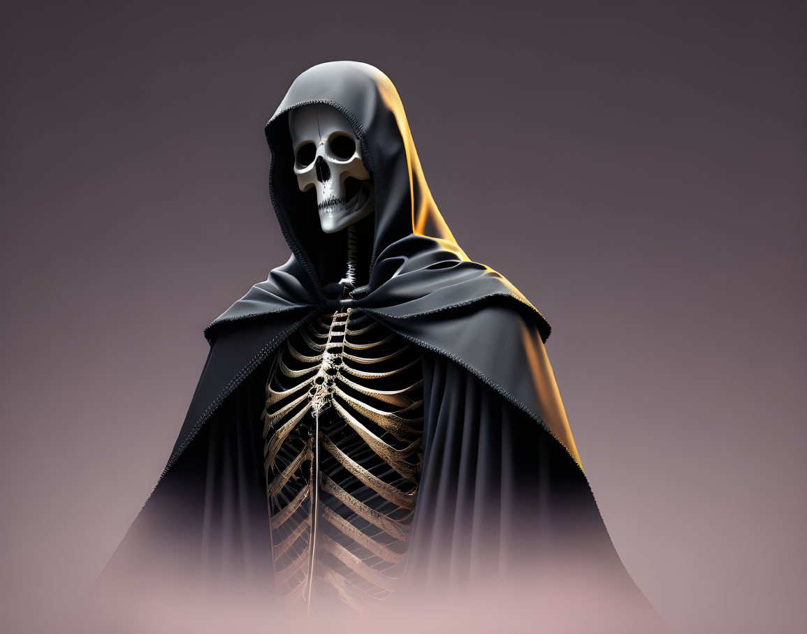 3D skull illustration with skeletal torso in black cloak on gradient backdrop