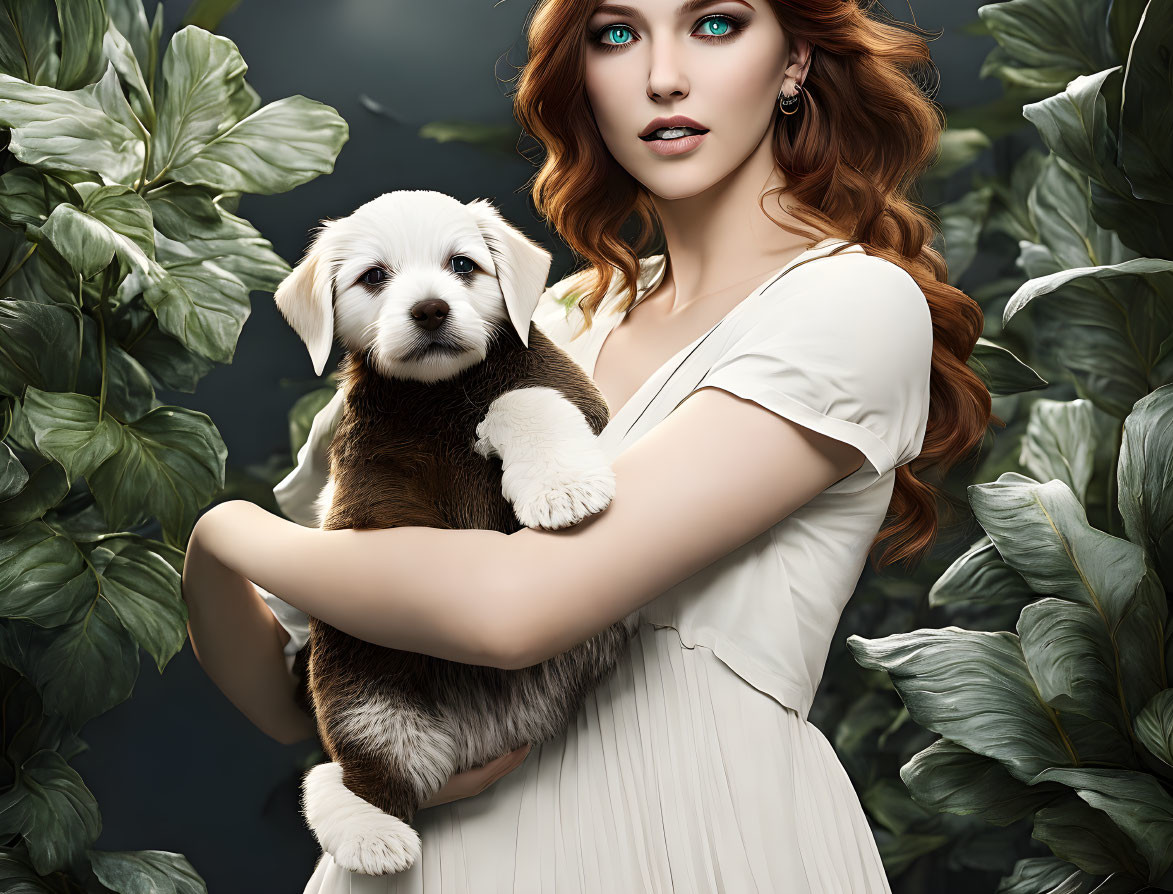 Red-Haired Woman with Green Eyes Holding Puppy in Greenery