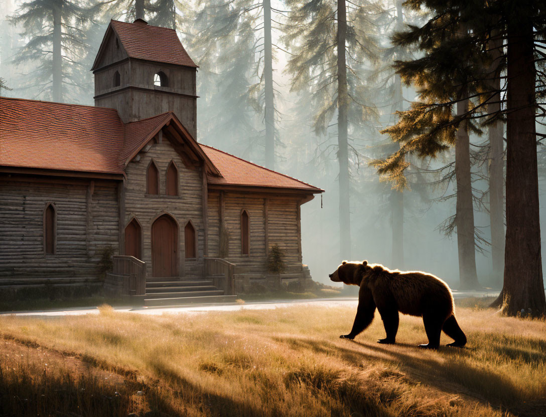 Bear walking near wooden church in sunlit forest clearing