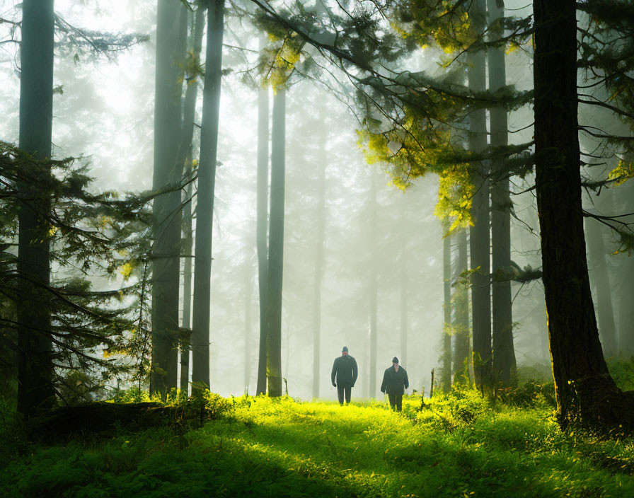 Misty forest scene with sunlight filtering through trees