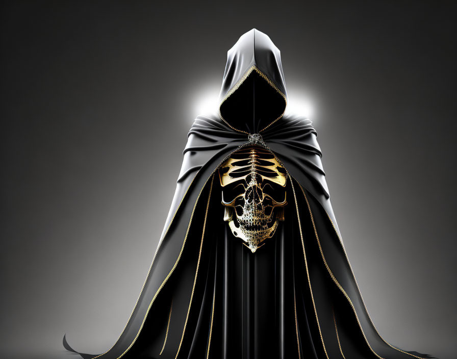 Black Cloaked Figure with Gold Trim and Skull on Grey Background