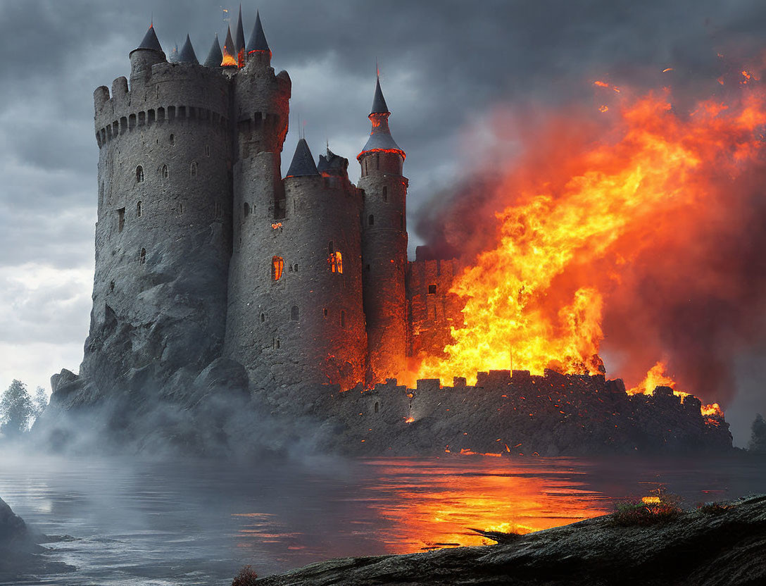 Medieval castle by river with lit windows and fire at dusk