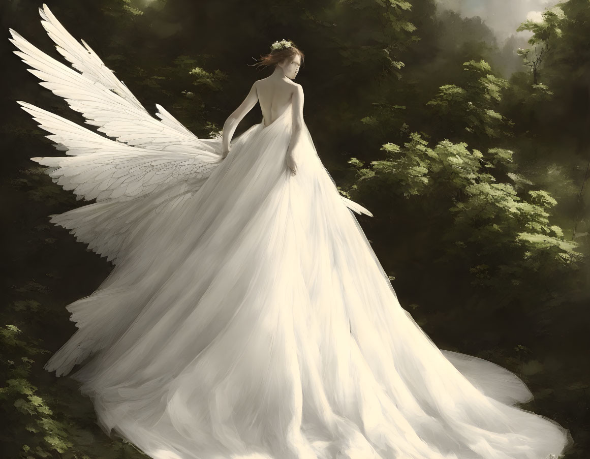 Person with Large Angelic Wings in White Gown Standing in Forest Clearing