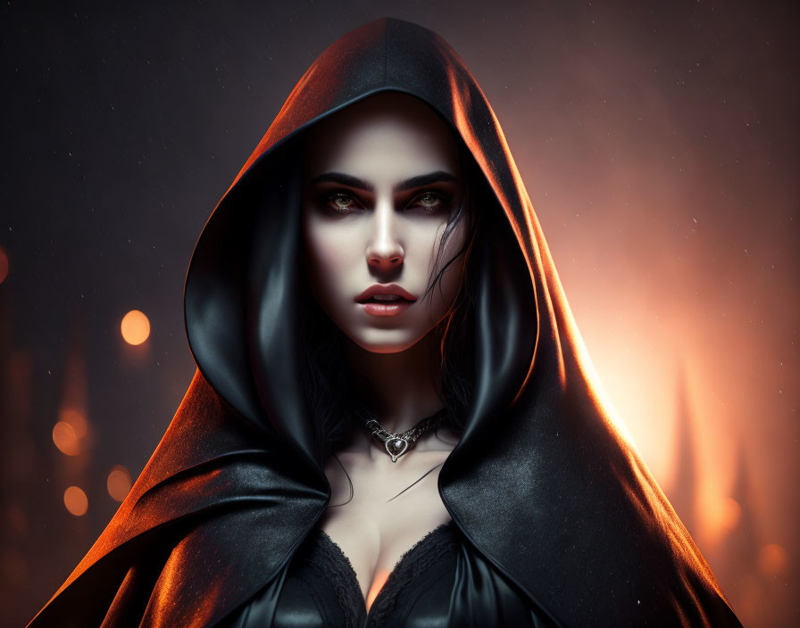 Mysterious woman in black cloak with intense eyes against fiery backdrop