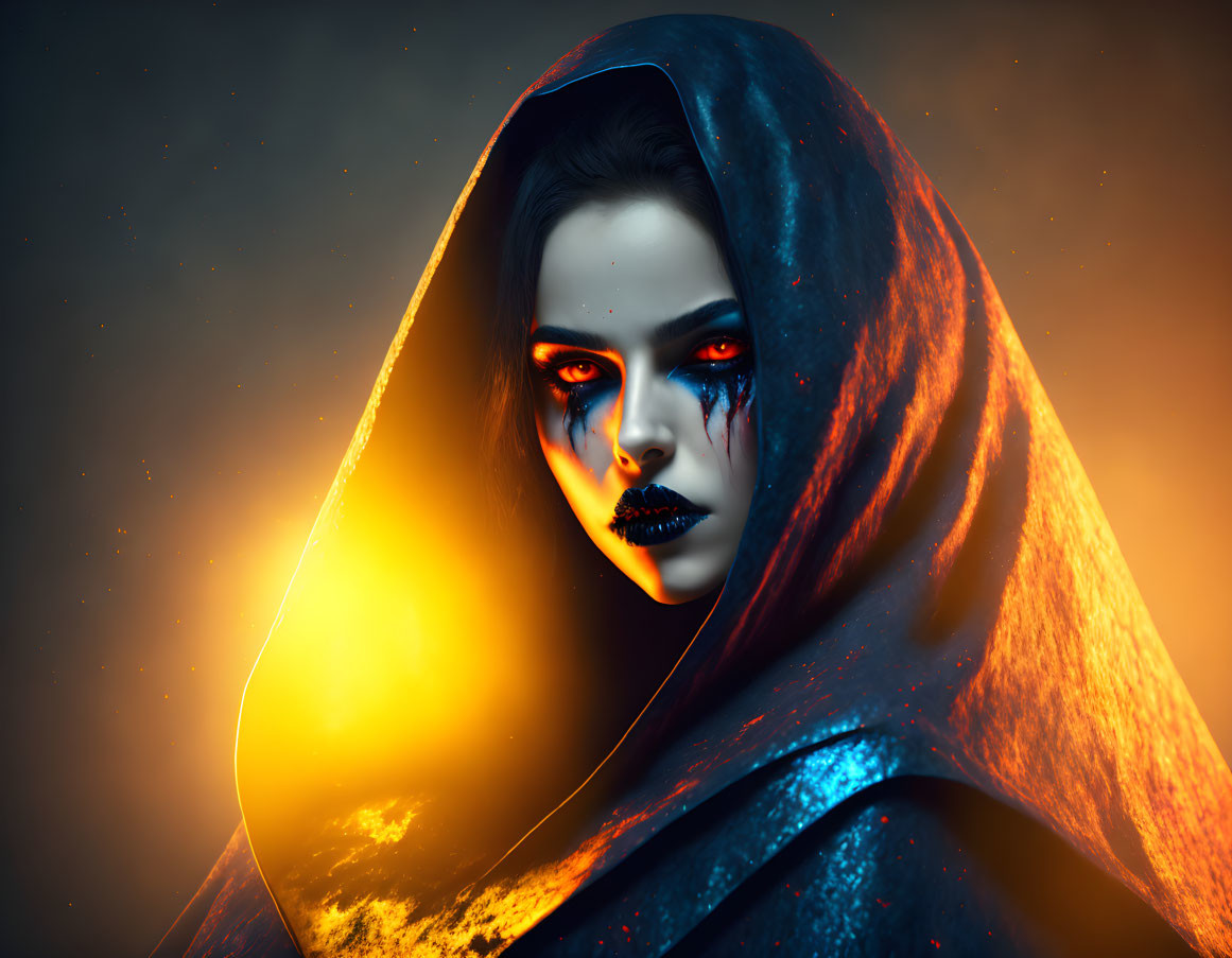 Person in Red and Blue Hooded Cloak with Intense Red Eyes