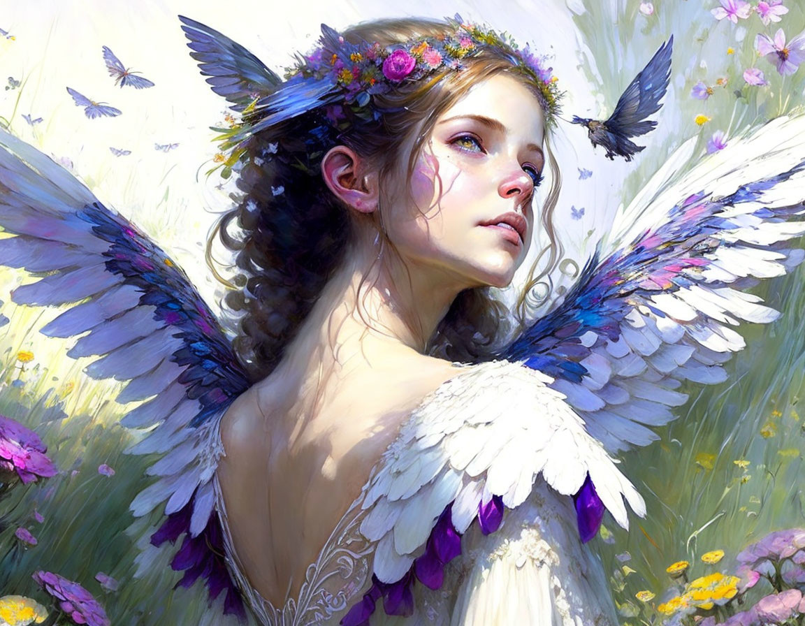 Colorful winged angel in flower-filled meadow with butterflies