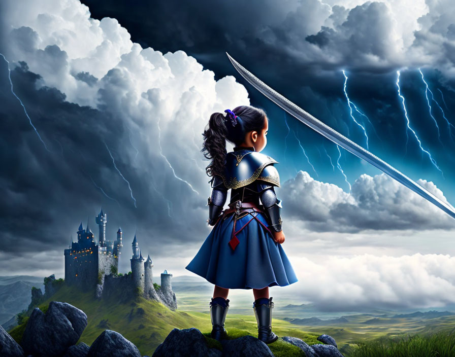 Young girl in armor with sword looking at castle under stormy skies