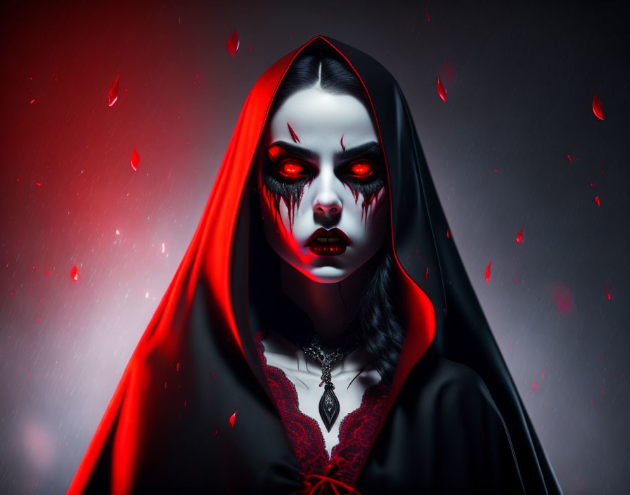 Pale-skinned person in black hair, red & black cloak, red eyes, dark makeup, amidst