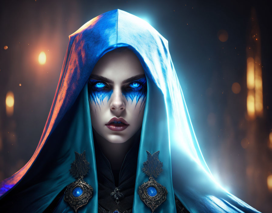 Person with piercing blue eyes and blue facial markings in blue hooded cloak amid glowing lights