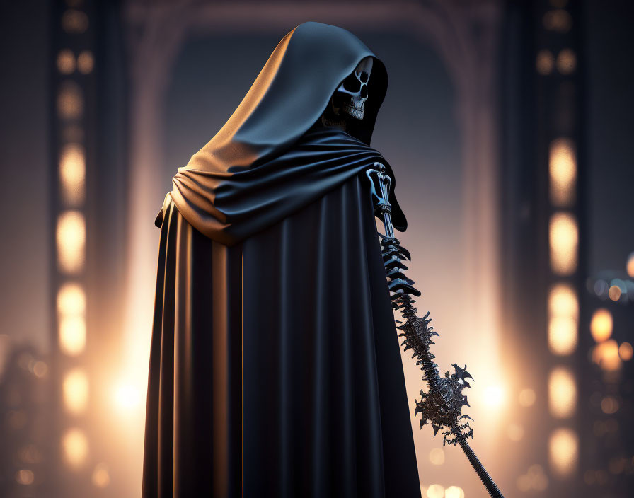 Skull-faced figure with spine staff in cloak against soft background