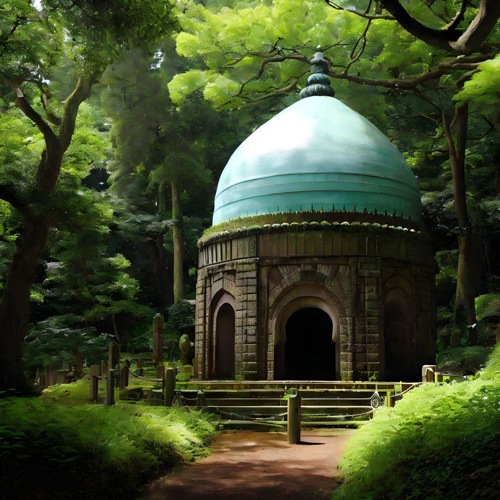 Ancient dome structure with teal roof in lush green forest