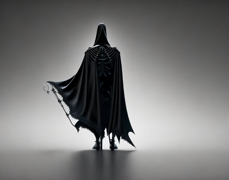 Mysterious Figure in Dark Cloak on Grey Background