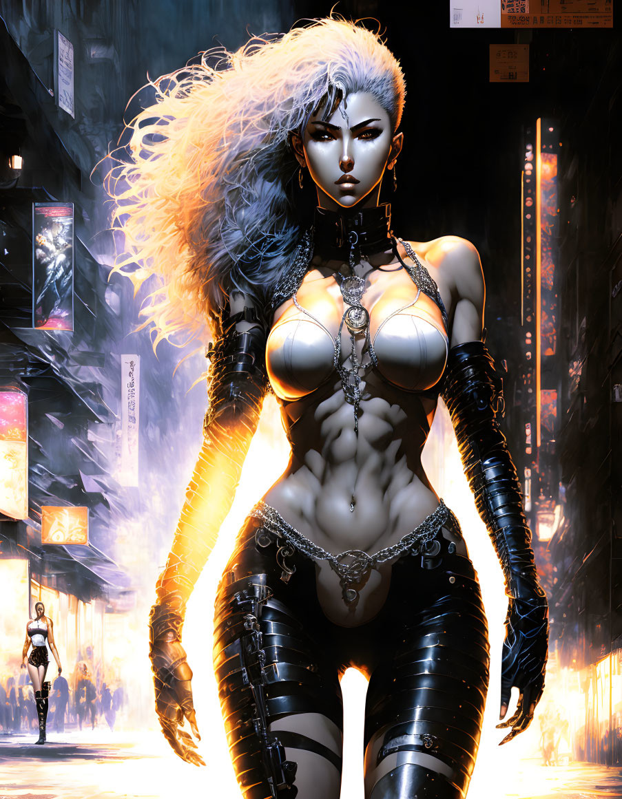 White-haired female character in futuristic cyberpunk city alleyway