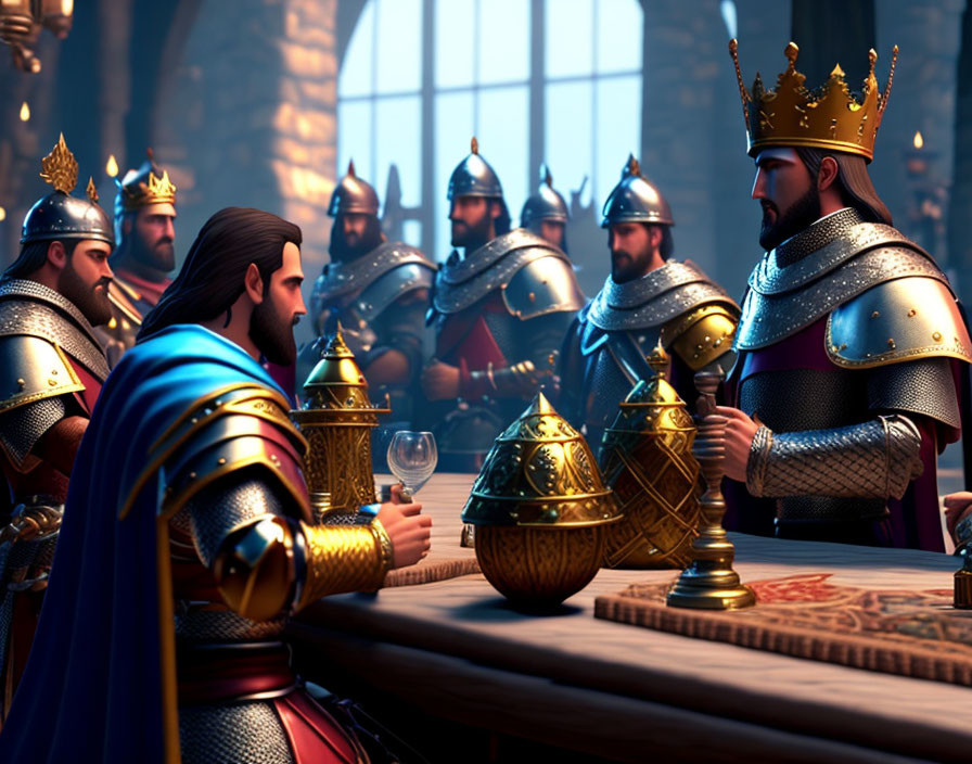 Medieval animated scene with king, knights, and grand hall ambiance.