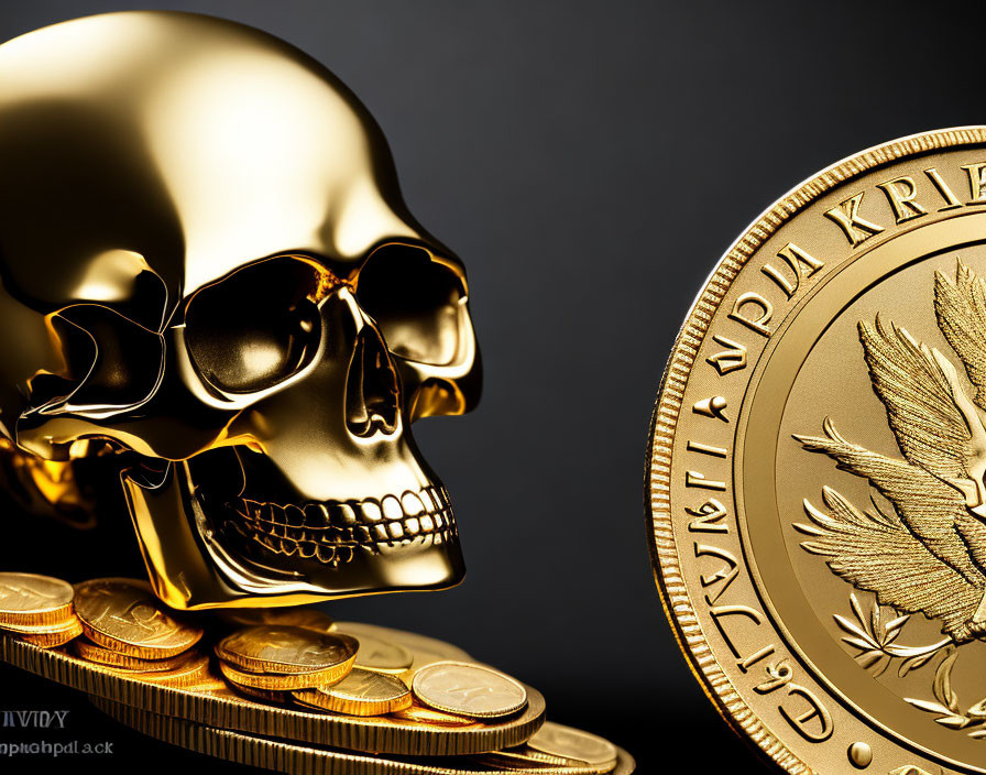 Golden Skull and Wheat Coin on Coins Against Dark Background