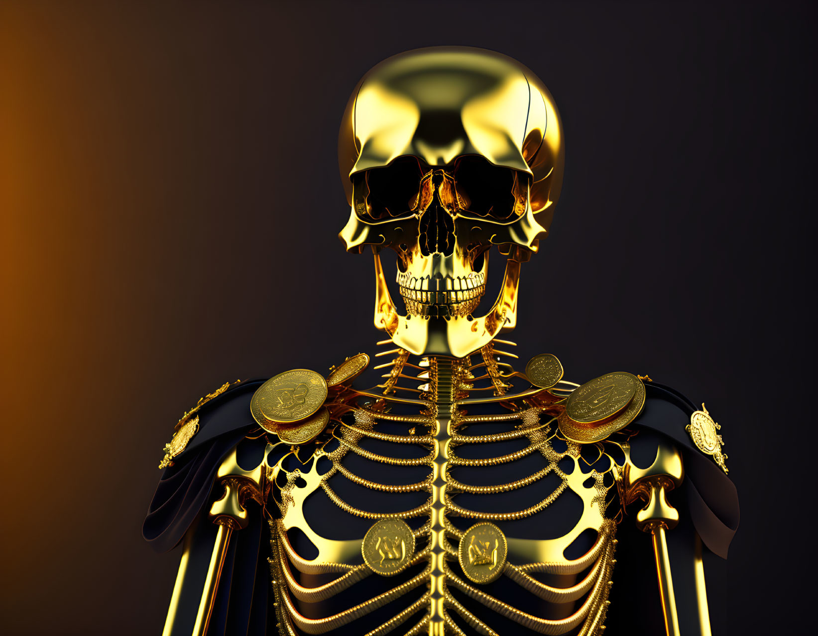 Golden skeleton with coins and black cape on dark background