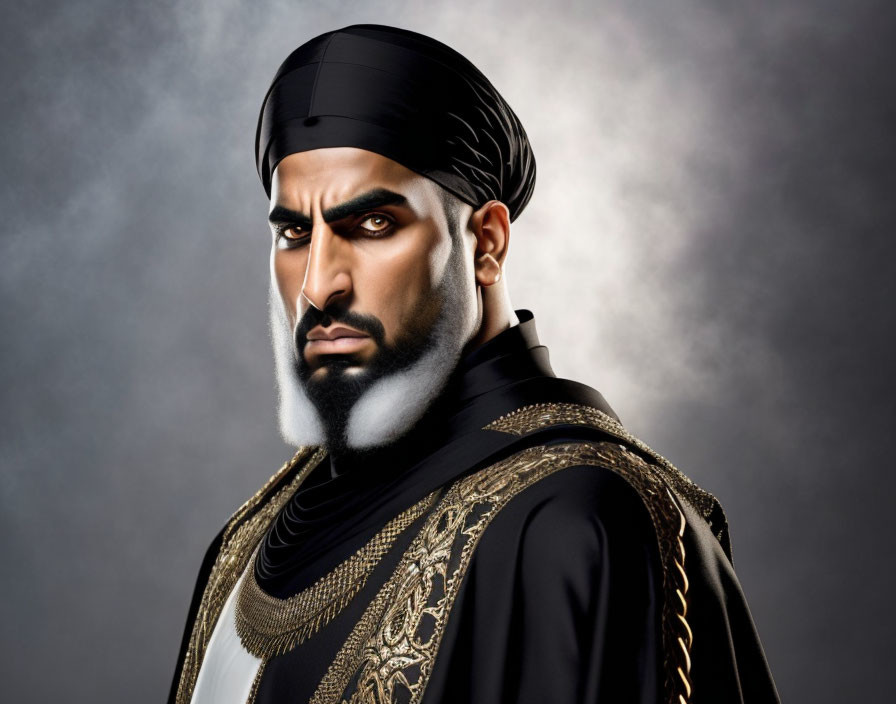 Animated character with dark turban and ornate attire on grey background