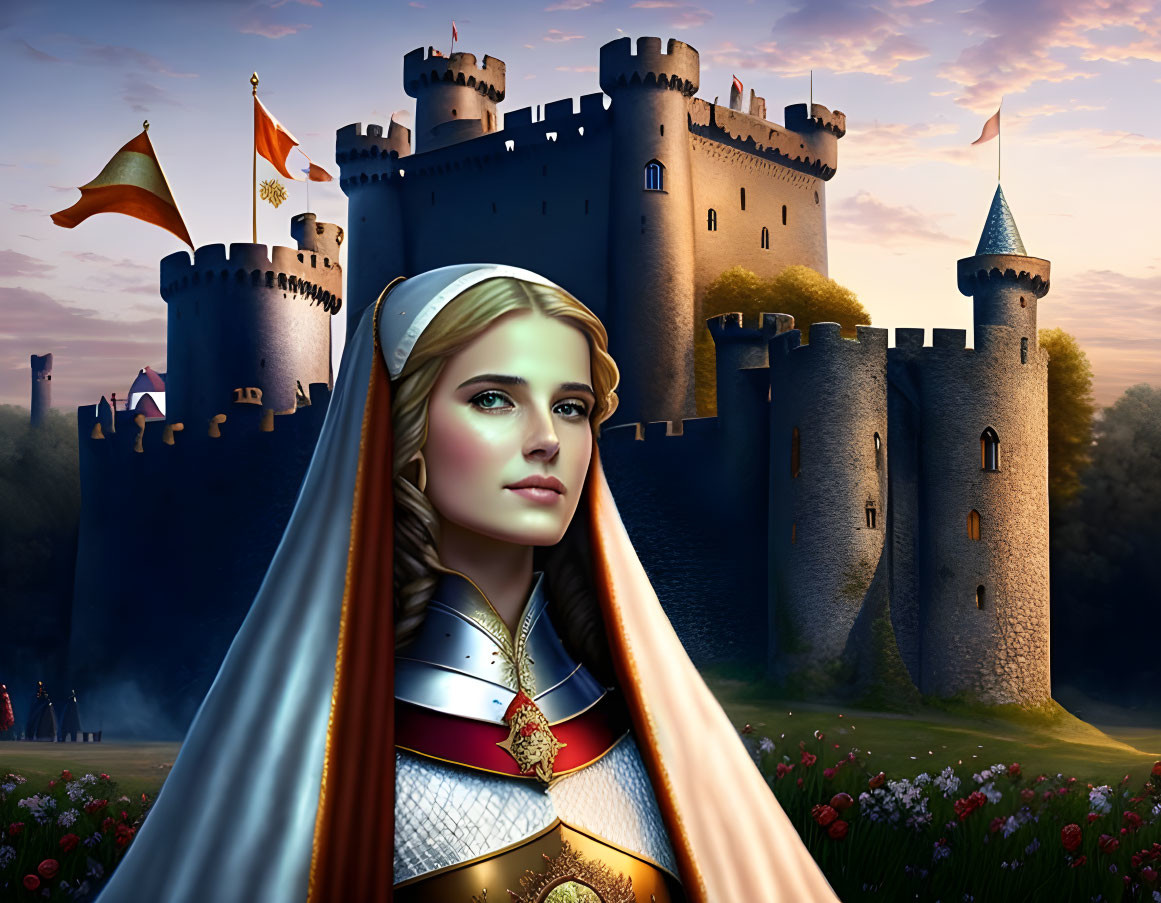 Digital artwork of medieval lady in armor with crown at castle, flags fluttering