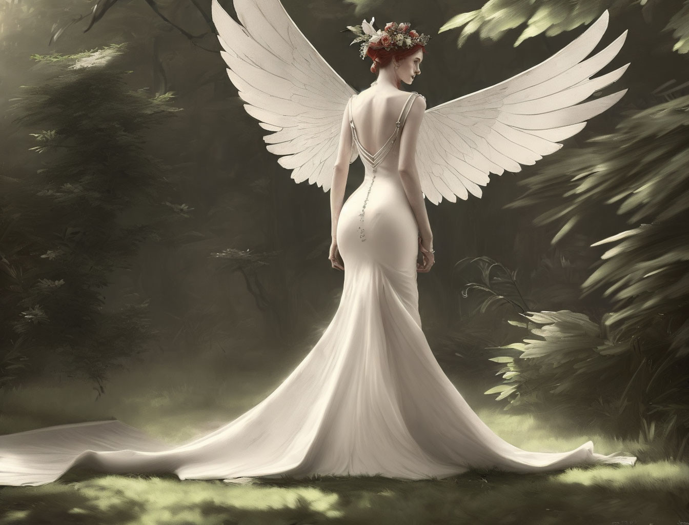 Ethereal figure with white wings in serene forest setting