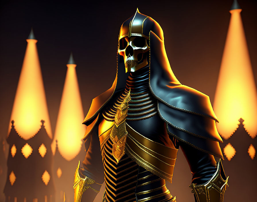 Menacing Armored Figure with Skull-like Helmet in Fiery Spire Backdrop