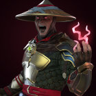 Warrior digital art: stern expression, ornate armor, wide-brimmed hat, holding flame