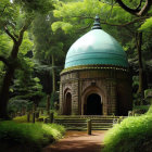 Ancient dome structure with teal roof in lush green forest